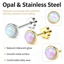 SHZYLN 1 Pair Exquisite Round Opal Stud Earrings, Floral Design Screw Back Flat Head Earrings, Minimalist Daily Wear Jewelry, Date Holiday Gift - Opal - View 5