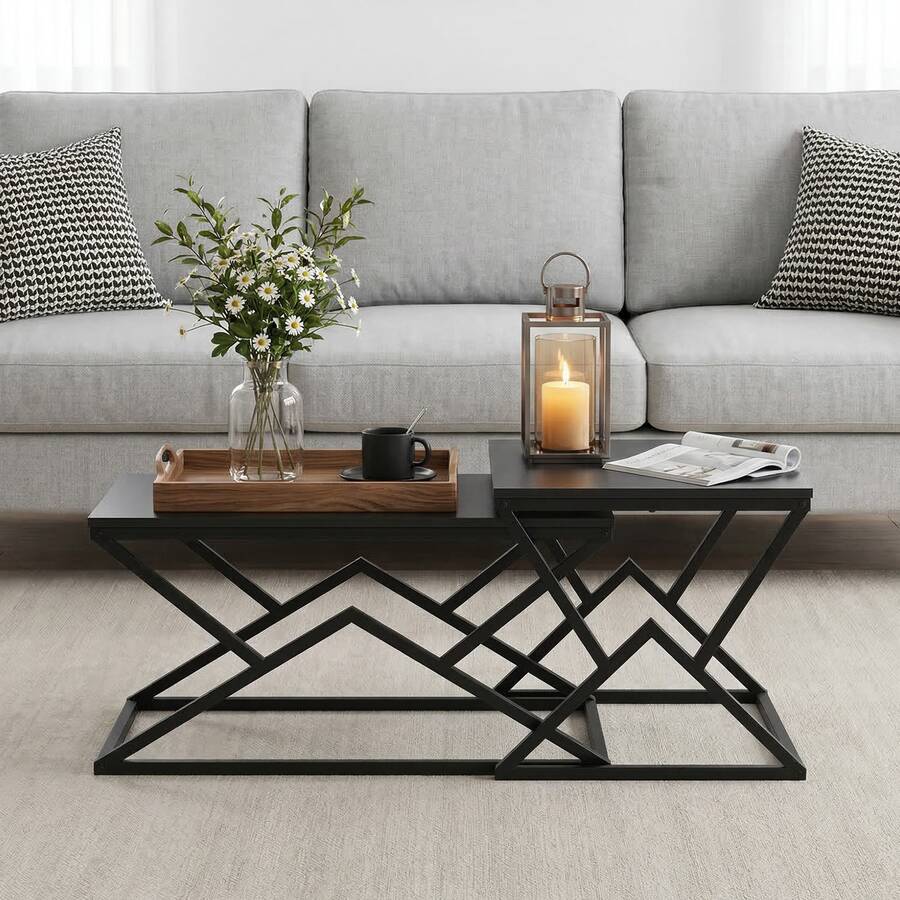 Black Modern Geometric Coffee Table - Wooden Top With Sturdy Metal Frame - Industrial Style Cocktail Table & Side Table For Living Room 80 X 50 X 40 Cm - Black - View 1