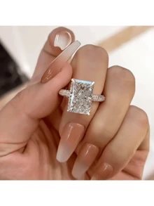 Elegant Promise Silver-Plated Ring, Inlaid With Sparkling Zirconia, Rectangular Design, Engagement Ring, Wedding Ring, Evening Party Decoration, Symbolizing Beauty And Elegance. - Silver - View 1