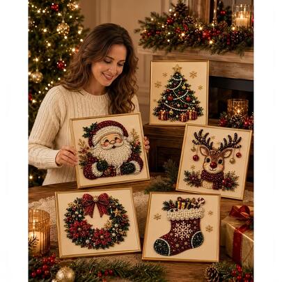 Christmas DIY Rhinestone Art, Santa Claus, Reindeer, Christmas Tree, Wreath, Christmas Stocking Gemstone Art Painting, Handmade Mosaic Rhinestone Wall Art, Suitable For Home Wall Decoration, Holiday Party Handicrafts And Decorative Gifts (5 Styles Available)