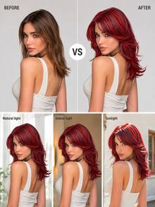 Women's Burgundy Long Layered Wavy Wig With Red Highlights, Wolf Cut Style Synthetic Fiber Hairpiece With Curtain Bangs, Heat-Resistant Face-Framing, Suitable For Daily Wear, Party And Cosplay - Red Highlight - View 10