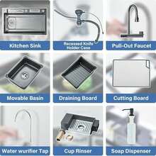 LY Fregadero de cocina Fregadero de cocina contemporáneo con caño en cascada Incluye grifo mezclador de triple función, grifo de agua filtrada, pantalla LED, dispensador de jabón, lavavajillas y controles tipo piano. Satisface todas las necesidades del hogar. (80 cm x 45 cm x 21 cm) - Gris arma - Ver 11