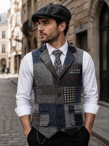 Men's Vintage Plaid Patchwork Color Block Lapel Old Money Style Vest - Navy Blue - View 7
