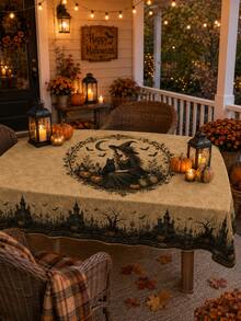 Halloween Tablecloth, Gothic Witch Tablecloth With Magic Cauldron, Witch Hat, Black Cat, Pumpkin, Bat, Moon And Haunted Castle Pattern, Vintage Autumn Dining Room Decor, Suitable For Kitchen, Party Gathering, Indoor And Outdoor Use - M - View 5