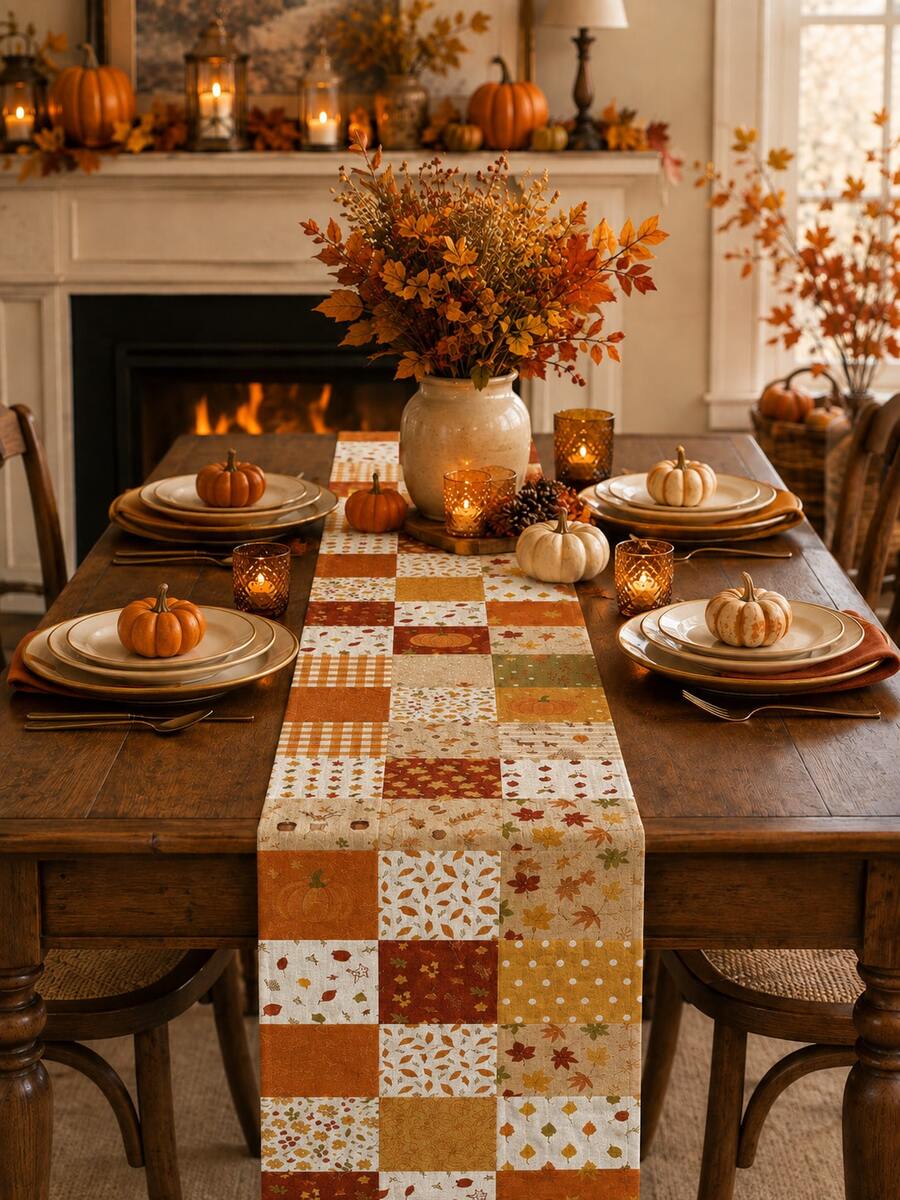 1pc-Fall Table Runner 72 Inch, Autumn Patchwork Table Runner With Pumpkin Leaf Plaid Design, Linen Texture Thanksgiving Table Decor, Rustic Farmhouse Dining Table Runner For Kitchen, Harvest Season Home Party Decoration - Multicolor - View 1