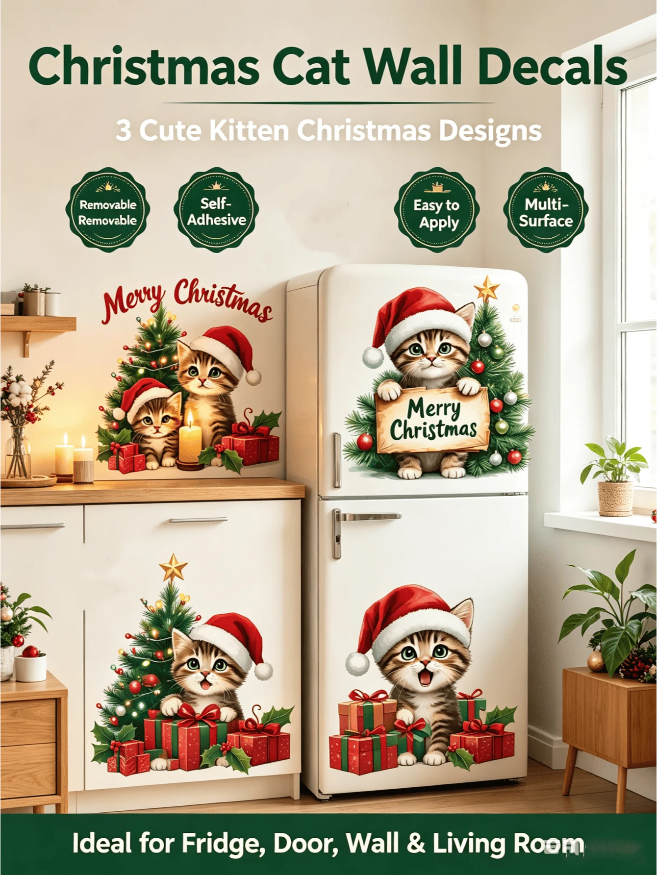 Cute Christmas Cartoon Cat Wall Stickers, Kitten Christmas Tree Gift Box Patterns, Self-Adhesive And Removable Wall Decals, Suitable For Fridge, Cabinet Doors, Living Room, And Bedroom, DIY Soft Decoration For Home Parties At Christmas - Wall Stickers - View 1