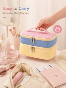 Fashion Colorblock Valentine's Day Corduroy Double Layer Makeup Bag, Portable And Lightweight, Suitable For Travel And Home, Gift Style - Multicolor - View 3