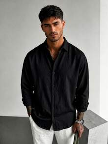Men's Linen Shirt, Minimalist Design, Black Textured, Breathable Casual Long Sleeve - Black - View 1