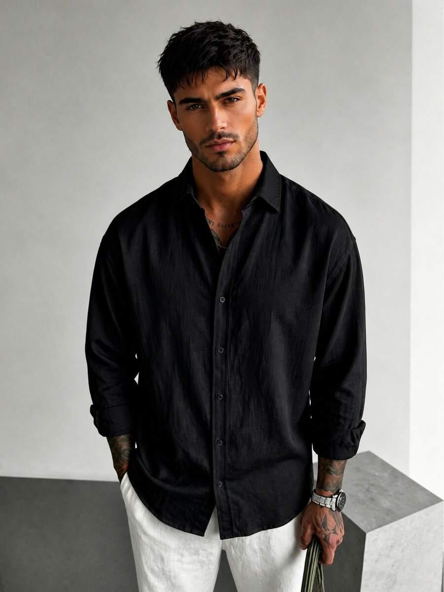 Men's Linen Shirt, Minimalist Design, Black Textured, Breathable Casual Long Sleeve - Black - View 1