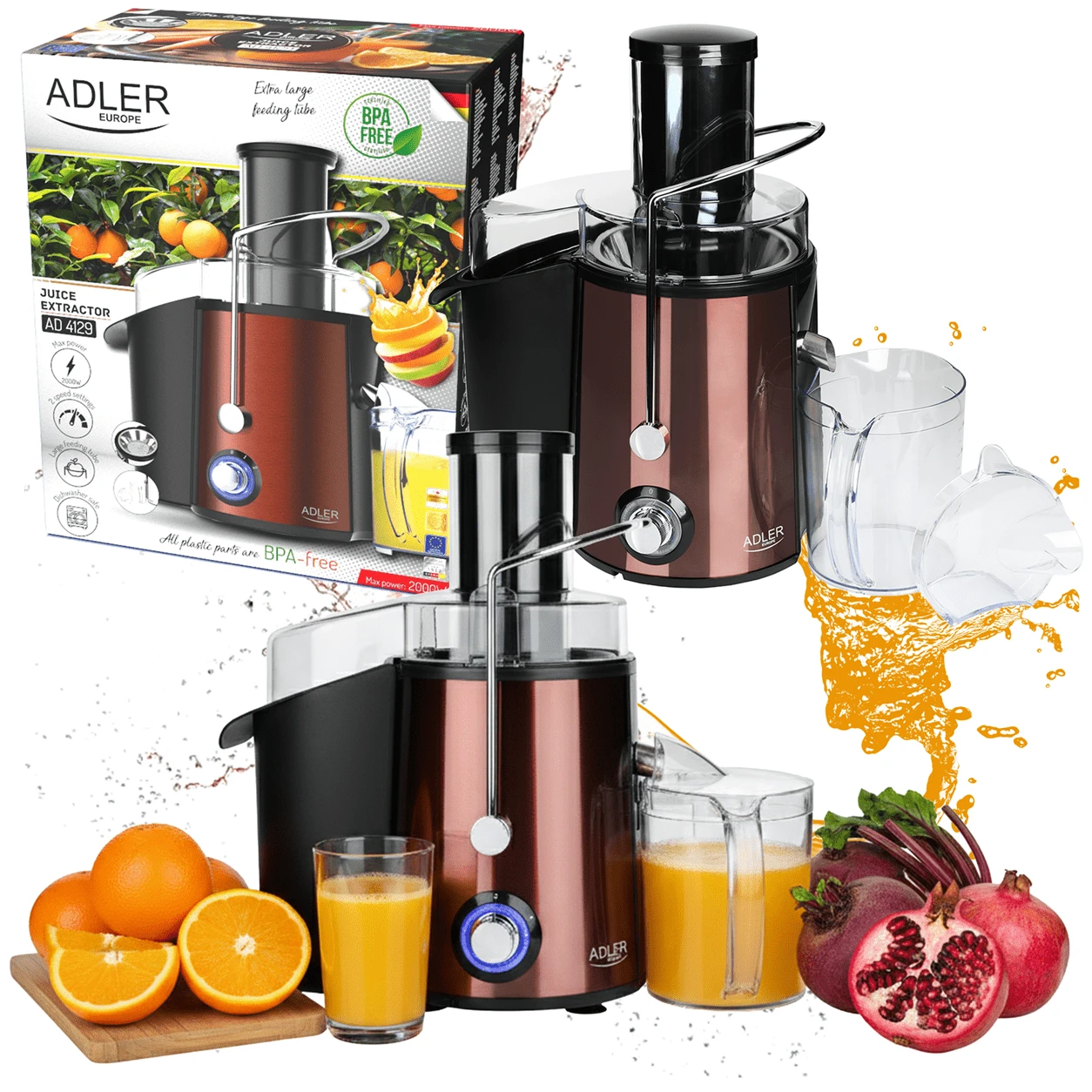 High-Speed Juicer ADLER AD 4129 2000W, Electric Fruit And Vegetable Juice Extractor With 75mm Wide Mouth For Whole Fruits And Vegetables, 2 Speed Control, Stainless Steel Sieve, 1L Juice Container, 2L Pulp Tank And Suction Feet - EU E Type Plug(220-240V) - View 1