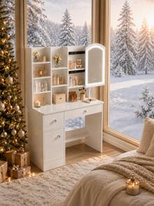 White Sliding Mirror Vanity Desk Set With Storage Stool, Makeup Dressing Table With 5 Drawers, Hidden Mirror Cabinet, Side Organizer Shelves, Modern Beauty Station Furniture For Bedroom - White - View 5