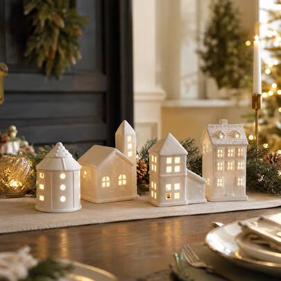 Christmas White Village House | Valentine's Day Candle Holder Decor, White Ceramic Village House Porcelain Wedding Decoration, For Home Desktop Display, Gift For Friends, Party Decoration