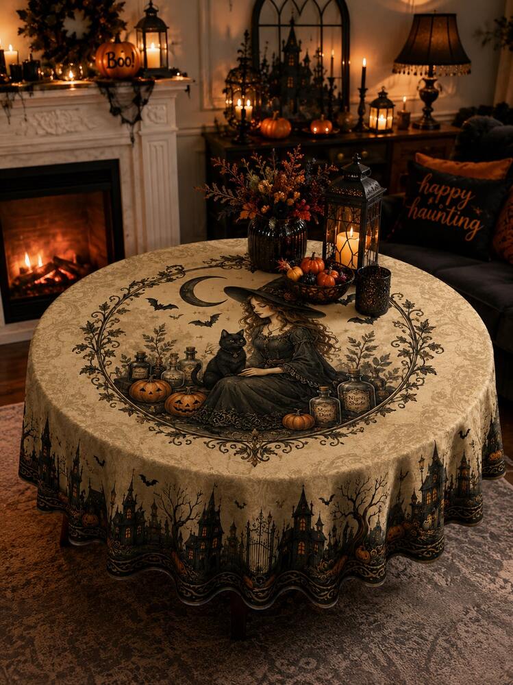 Halloween Tablecloth, Gothic Witch Tablecloth With Magic Cauldron, Witch Hat, Black Cat, Pumpkin, Bat, Moon And Haunted Castle Pattern, Vintage Autumn Dining Room Decor, Suitable For Kitchen, Party Gathering, Indoor And Outdoor Use - M - View 2