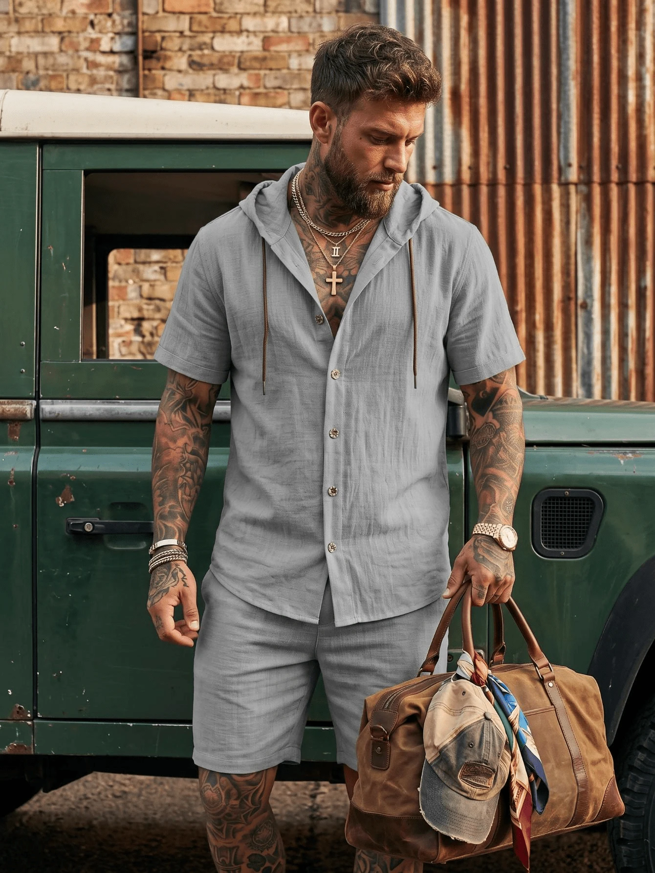 Men's Slim Fit Linen Blend Button-Up Hooded Shirt, Summer Vacation Style - Grey - View 1