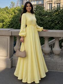 Women's Solid Yellow Belted Maxi Dress, Long Sleeve Flowy A-Line Dress With Tie Waist - Yellow - View 3