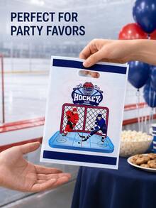 5 piezas/10 piezas Bolsas de regalo de hockey con asas recortadas, empaque de recuerdos de fiesta con estampado de jugador de pista de hielo y disco de hockey para cumpleaños, eventos de equipo, torneos, día de juego y suministros para celebraciones - Multicolor - Ver 4