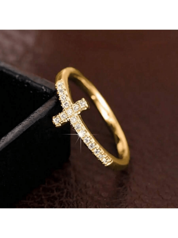 復古波希米亞風 18K 金鍍十字架鋯石戒指，女款婚禮訂婚珠寶飾品