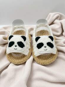 1 Pair Handmade Crochet Infant Sandals With Panda Applique, Infant Shoes, White And Khiki - White - View 3