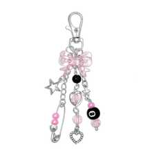 1Pc Sweet Y2K Style Bow Beaded Chain Keychain Cute Safety‑Pin Heart Star Charm Handmade Bag Pendant Daily Backpack Decor Accessory - Multicolor - View 7