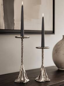 Textured Hammered Silver Tall Candle Holder, Asymmetrical Wavy Base Pillar Candle Stand, Vintage Luxury Tabletop Candlestick For Living Room, Dinner Party, Home Decor - Copper Hill Candle Holder - View 2