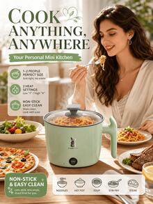 Olla multifuncional antiadherente, arrocera, freidora eléctrica, olla eléctrica para saltear, olla de presión eléctrica, mini olla caliente. Portátil y compacta, fácil de limpiar, con revestimiento antiadherente, adecuada para uso en interiores y exteriores, esencial de cocina. - Verde - Ver 2