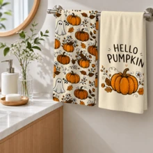 2pcs, Autumn Halloween Theme Towels, Single-Sided Print, Rectangular, Cartoon Pumpkin 2D Design, Soft And Comfortable, Durable, Odorless, Suitable For Bathroom, Kitchen, Beach And Pool - Multicolor - View 10