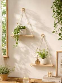 Bohemian Woven Hanging Shelf, Bohemian Style Rope Woven Floating Wall Shelf, Beaded Woven Hanging Flower Rack, Handmade Rope Woven Wall Hanging Storage Rack, Bohemian Decorative Hanging Shelf, Minimalist Rope Woven Wall Storage Rack, Bedroom Style - Multicolor - View 5