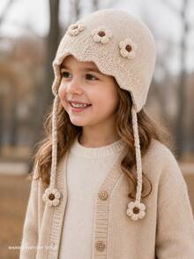 1pc Girls' Autumn/Winter 3D Floral Knitted Earflap Hat, Fashionable Warm Woolen Beanie With Tie - Multicolor - View 3