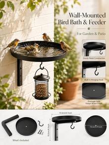 Black Metal Wall-Mounted Bird Bath And Feeder Combo, Outdoor Hanging Bird Water Dish With Hook, Suitable For Garden And Yard - A - View 8