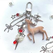Deer Shaped Keychain Pendant, Lace Pearl Bow Bag Charm, Backpack Hanging Chain With Red Gemstone, Y2K Girl Style Keychain Gift - Multi-color B - View 7
