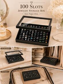 1pc 100 Slot Ring Jewelry Box With Lid, Earring Jewelry Tray, Ring Jewelry Storage Display Tray, Simple Velvet Ring Box, Jewelry Box, Earring Jewelry Storage Box, Dustproof Jewelry Display Box, Ladies Gift - Multicolor - View 2