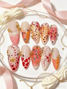 10pcs Handmade Press-On Nails, Black Gradient Medium-Long Stiletto Shape, 3D Floral Design, Daily Wear Women's Fake Nails, Adhesive Vacation Manicure, Nailrosy - Multicolor - View 3