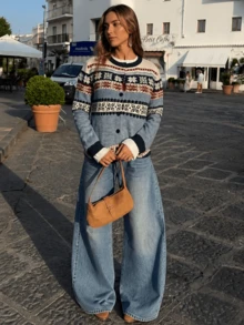 New Autumn/Winter Women's Casual Minimalist Elegant Snowflake Pattern Round Neck Knitted Cardigan Jacket - Multicolor - View 2