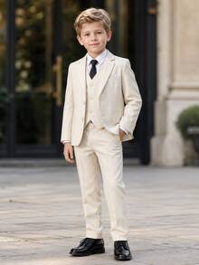 New Boys' Suit Set, Page Boy Wedding Outfit, British Style Boys' Formal Suit 3 Pieces Set, Suit Jacket And Pants - Beige - View 1