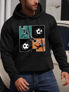 Neue Herren- und Damen-Fußball-Muster-Sweatshirts, modische Kapuzenpullover mit Kordelzug, Herbst- und Winter-Oberteile, bequeme und vielseitige Langarm-Kapuzenpullover - Schwarz - Übersicht 5