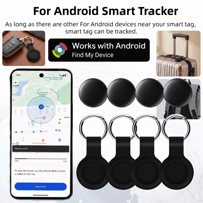 RSH 智慧藍牙防丟追蹤器 4 入組，相容 Android Find My Device App，即時網路定位尋找器，鑰匙、背包、手提包、行李箱、錢包用小型物品定位器，附保護鑰匙圈蓋
