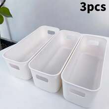 3pcs Stackable Plastic Drawer Storage Boxes, Open Organizer Bins For Kitchen, Bathroom, Cosmetics And Office, Long Compartment Trays For Closet And Desk, Space-Saving Home Storage Tools,Bedroom Room Decor,Back To School - White - View 10