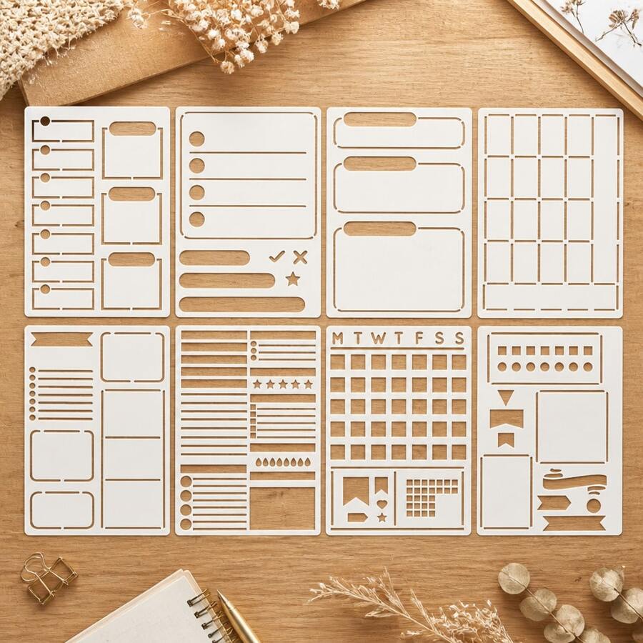 8pcs 5.82 X 8.26 Inch Cream White PET Bullet Journal Stencil, Precision Laser Cut Hollow Reusable Plastic Template, Suitable For A5 Dot Grid Notebook, Scrapbooking, Personal Planner DIY Decoration - 8pcs - View 1