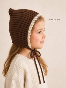 1pc Girls Lace Trim Knitted Earflap Hat, Autumn/Winter Warm Tie-Up Beanie, Multiple Colors Available - Multicolor - View 4
