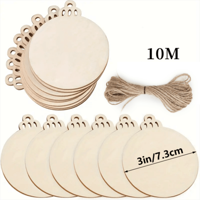 10/20/30pcs Round Wooden Discs With Holes, 3 Inch Pre-Drilled Wood Slices, With 10 Hemp Ropes, Suitable For Craft Center, DIY Wooden Christmas Decorations, Hanging Ornaments