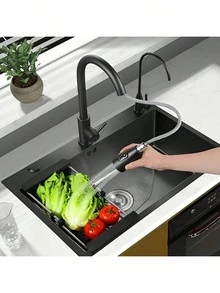 LY Fregadero de cocina Fregadero de cocina moderno Con grifo de tres funciones, grifo de agua filtrada y dispensador de jabón para satisfacer todas las necesidades del hogar. Un fregadero esencial para las cocinas contemporáneas(55 cm * 45 cm * 21 cm) - Negro - Ver 2