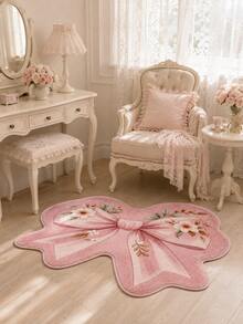 1pc Sweet Pink Floral Bow Shaped Rug, Soft Long Pile Asymmetrical Decorative Mat, Suitable For Bedroom, Bathroom, Vanity, Entryway And Girls Room, Romantic Country Style Home Decor, Multiple Sizes, Bathroom Decor, Autumn Home Decor - Pink - View 2