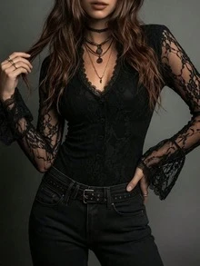 Vintage Western Style Black Lace V-Neck Front Button Long Sleeve Blouse, Elegant Vacation / Party Outfit Shirt - Black - View 4