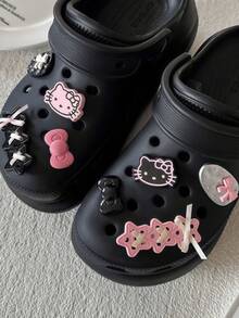 SANRIO 4/8/12pcs Cute Hello Kitty Shoe Charms - Multiple Designs Available, Including Pink Ribbon Star Bow, Clip, Cat And Heart Patterns, Black & Pink Accessories Suitable For Sandals, Clogs, Bags, Bracelets - Perfect Gift For Friends, Sparkling Shoe Decor, Bracelet Accessories, Fun Design, Durable Material, High-Quality Decoration (Random Style) - Pink - View 5
