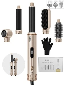 UKLISS 5-In-1 Hot Air Brush & Hair Dryer With LCD Temperature Display And 5 Accessories: Auto Curler, Smoothing Brush And Round Volumizing Brush. Suitable For Wet/Dry Hair, All Hair Types. Perfect For Home, Salon, Travel And Gifts - Multicolor - View 3