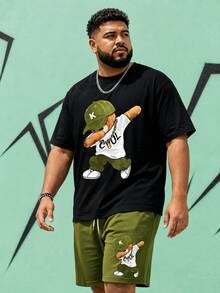 Men's Casual Street Style "Cool Bear" Pattern Sports Set - Polyester Knit Fabric, Round Neck Design, Drawstring Shorts, Pocket Detail, Regular Fit, Plus Size, Cozy Outfits - Multicolor - View 1