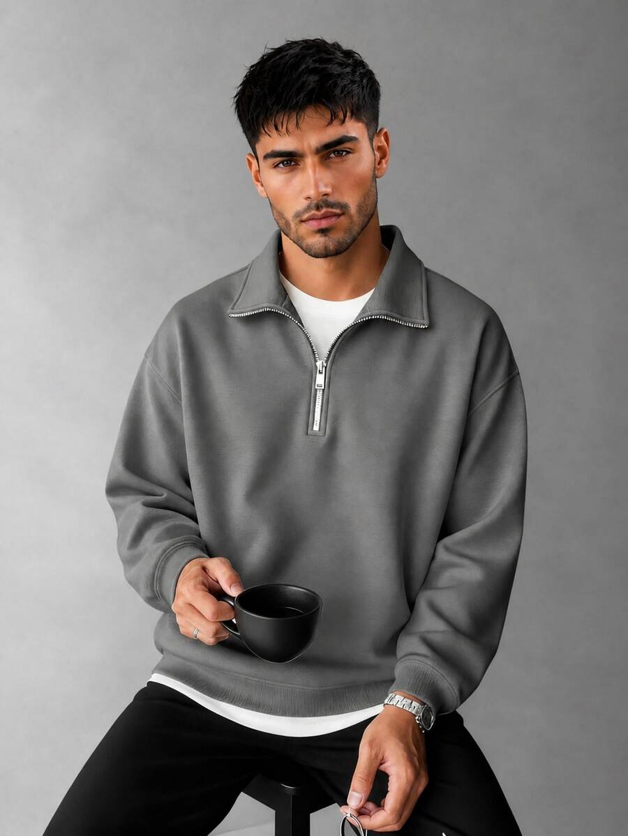 New Solid Color Minimalist Half-Zip Sweatshirt For Men, Fashionable Casual Loose Fit Pullover Sweatshirt With Collar, Suitable For Autumn/Winter