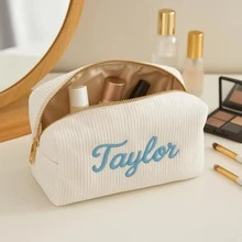 Personalized Embroidered Corduroy Toiletry Bag, Makeup Storage Pouch, Customized Name Storage Bag, Unique Gift For Girls, Bridesmaids, Baby Baptism, Birthday, Holiday - Multicolor - View 2