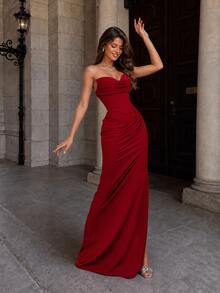 VIPGIRL Elegant Bridesmaid Dress: Strapless Fitted Satin Dress Wedding - Red - View 4