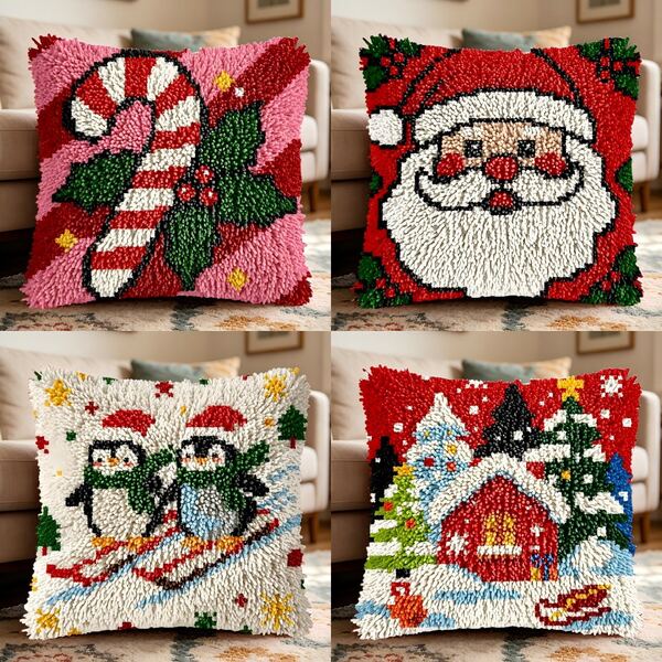 2D Flat Latch Hook Kit. Includes Mesh Printed Base, Colored Thread & Crochet Hook (No Pillow Core). Perfect For Cross Stitch & Home DecorChristmas Theme: Christmas Gifts Patterns. For Crochet Kit Lovers. 43x43cm/17in. Great For Thanksgiving